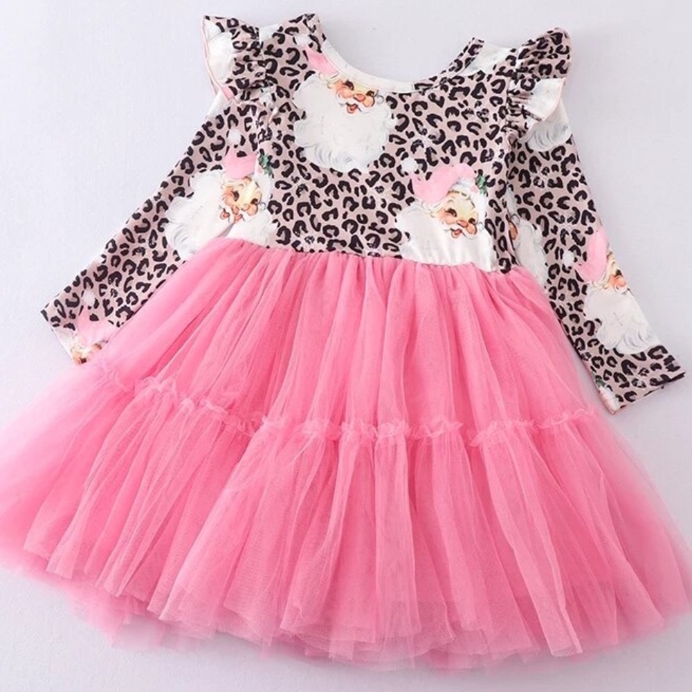 Santa Leopard Pink Baby & Toddler Christmas Long Sleeve Tulle Dress 12M, 2T, 4T